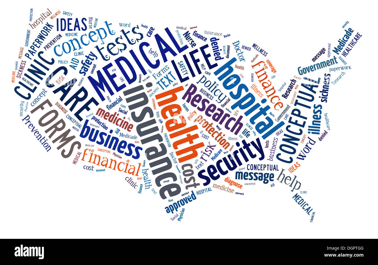 Palabra Nube en la forma de los Estados Unidos mostrando palabras  relacionadas con la salud, la medicina y los seguros Fotografía de stock -  Alamy