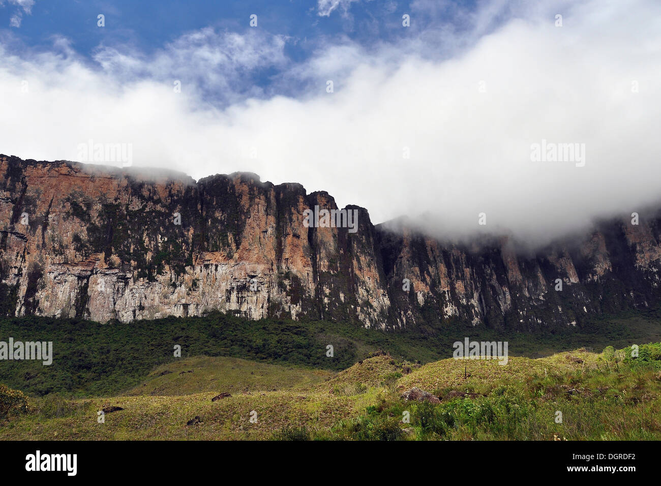 Escarpada cara del Roraima, la montaña de la mesa, rodeado por las nubes, la montaña más alta de Brasil, la triple frontera Brasil, Venezuela Foto de stock