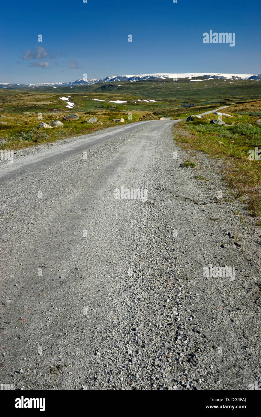 Camino de ripio en Hardangervidda, Fylke Hordaland, Plateaufjell y la meseta más grande de Europa, Noruega, Europa Foto de stock
