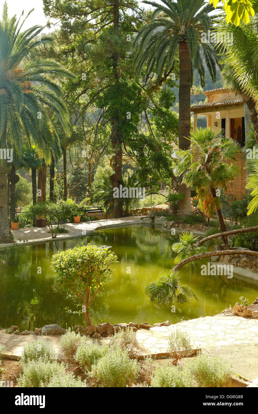 Los jardines de Alfàbia, jardines árabes con una mansión histórica a los pies de la Serra d'Alfàbia, Mallorca, Mallorca Foto de stock