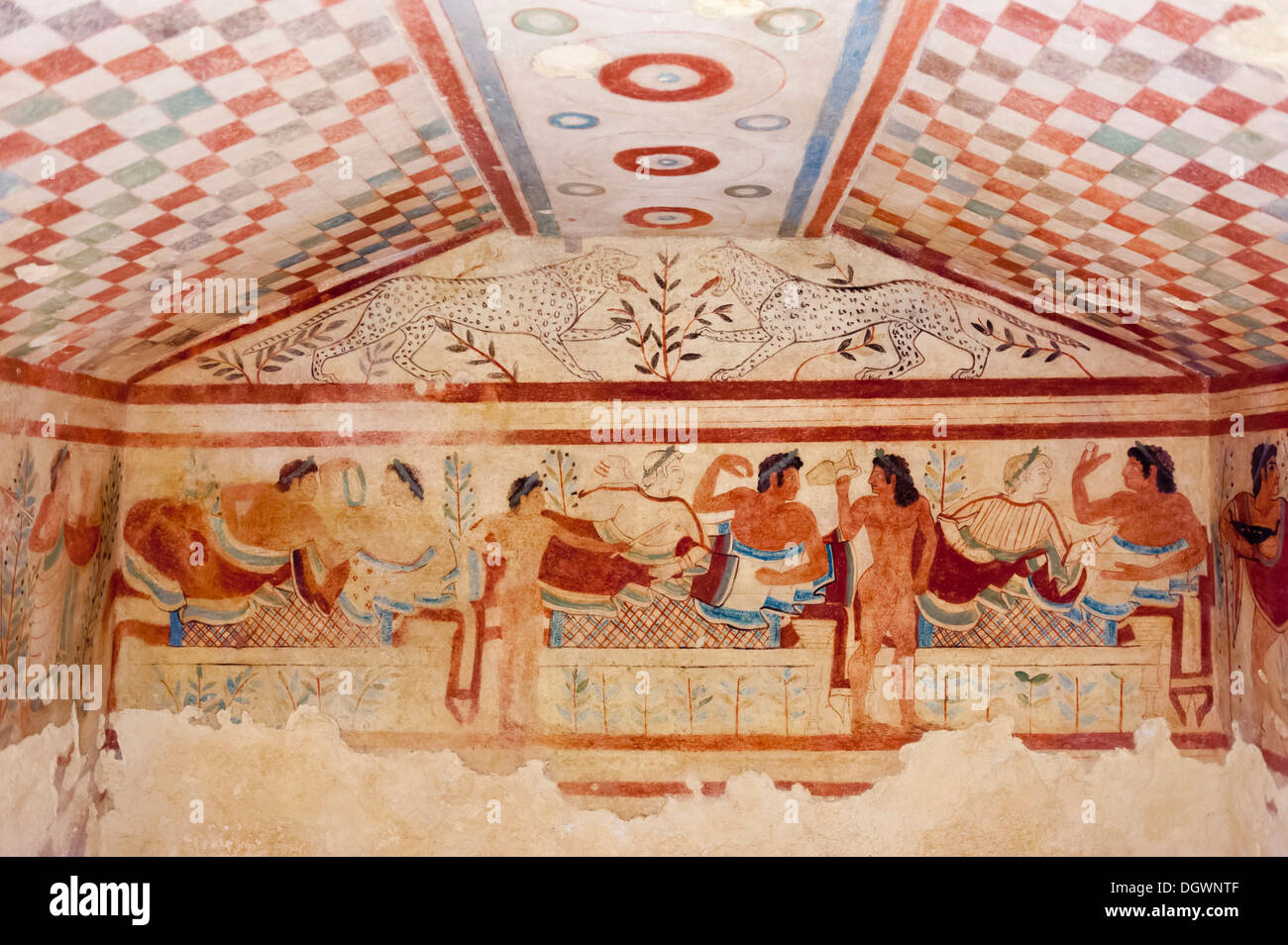 La historia de los Etruscos etrusca, una pintura mural en la tumba de los Leopardos, Tomba dei Leopardi, la Necrópolis de Monterozzi Foto de stock