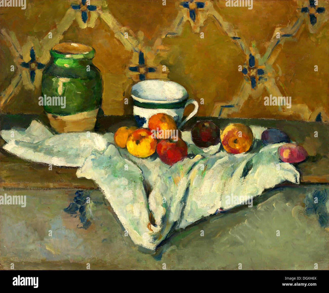 Bodegón con jarra, Copa y manzanas - por Paul Cézanne, 1877 Foto de stock