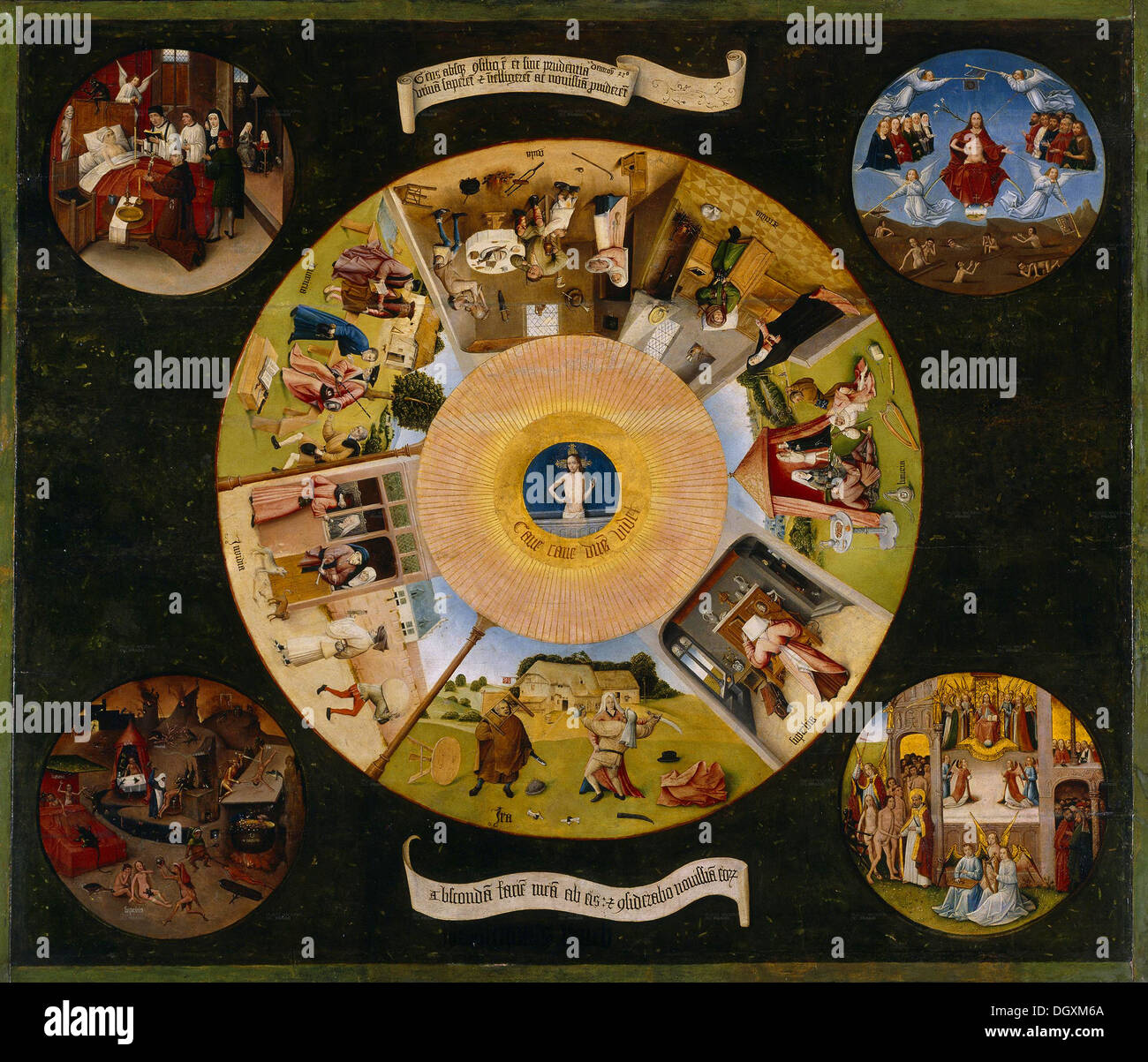 Los siete pecados capitales y las cuatro últimas cosas - por Hieronymus Bosch, 1500 - sólo para uso editorial. Foto de stock
