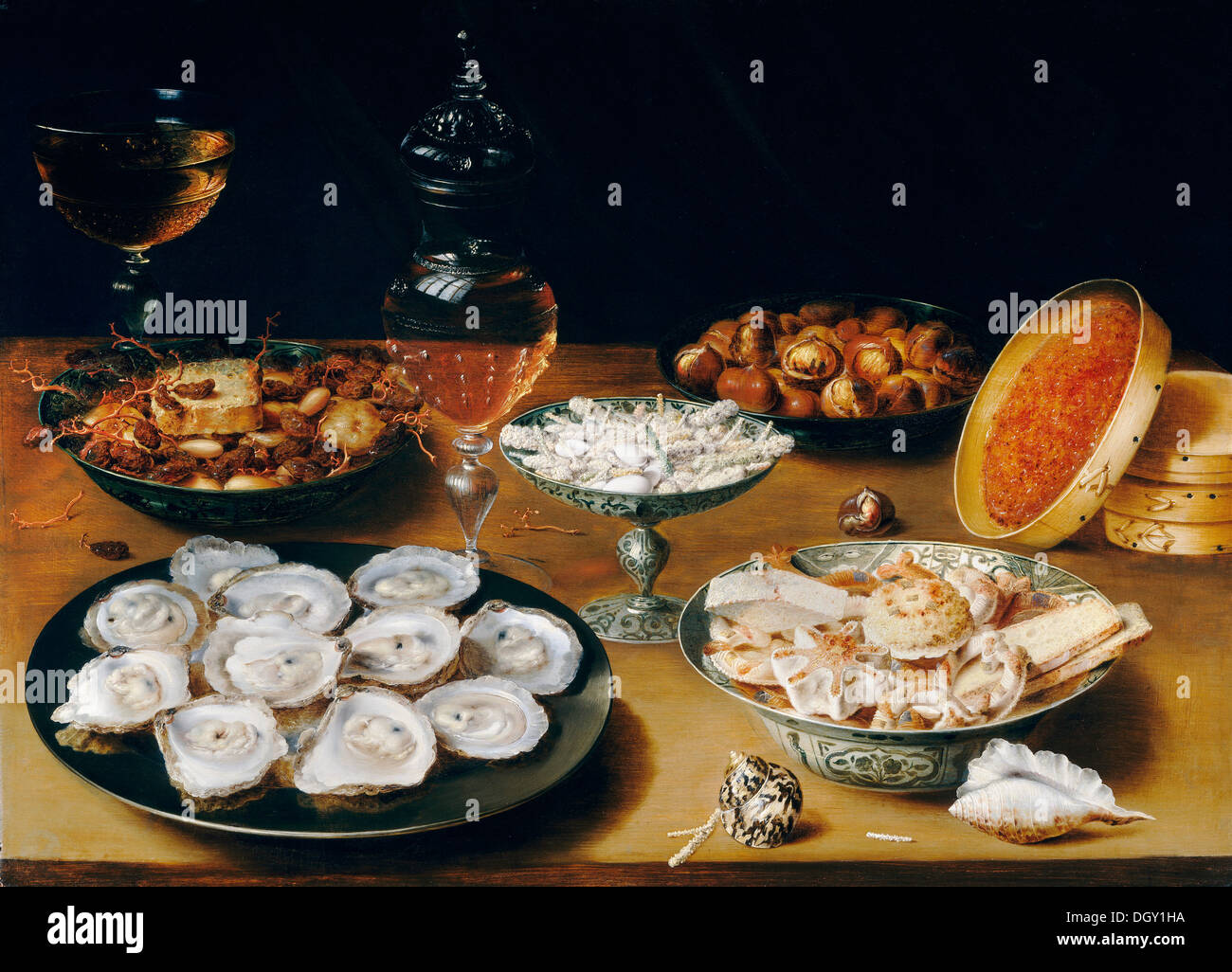 Osias Beert I, platos con ostras, frutas, vino y aceite de 1620-1625 en el panel. Galería Nacional de Arte, Washington, D.C. Foto de stock