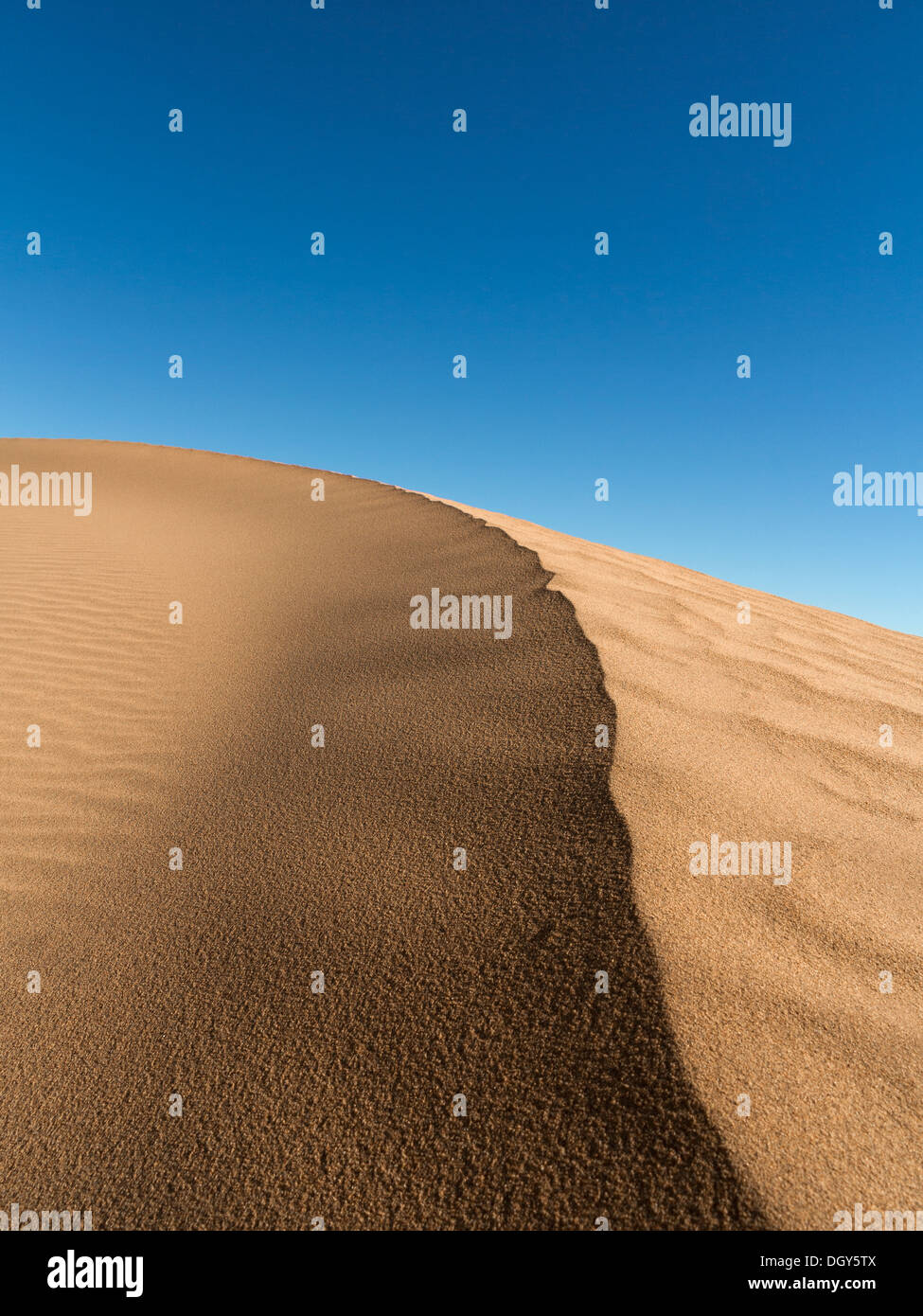 Cerca de la cresta de la duna de arena contra un cielo azul Marruecos Foto de stock