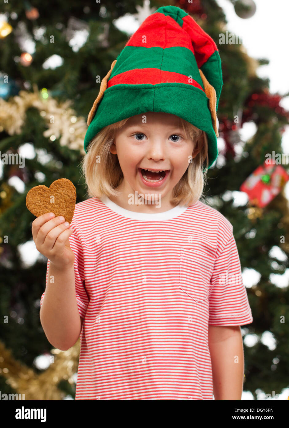 Un emocionado muchacho lindo vestido como santa's helper es la celebración  de galleta de jengibre en frente de un árbol de navidad Fotografía de stock  - Alamy