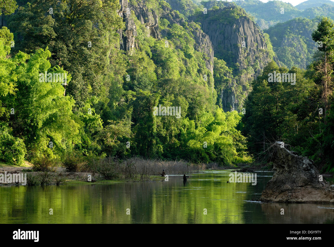Paisaje con río, Lao subtropical pescadores pescando con redes sencillas,  Tham Kong Lor, en medio de la densa selva subtropical Fotografía de stock -  Alamy