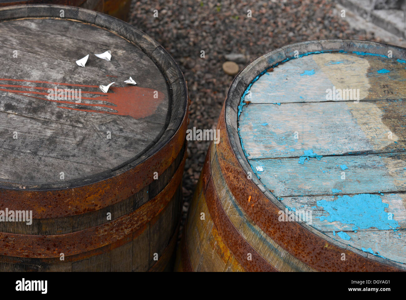 Barriles de Whiskey de América, utilizado una vez para hacer Whisky Boubon están esperando para ser reutilizado en la producción de whisky escocés Single Malt Foto de stock