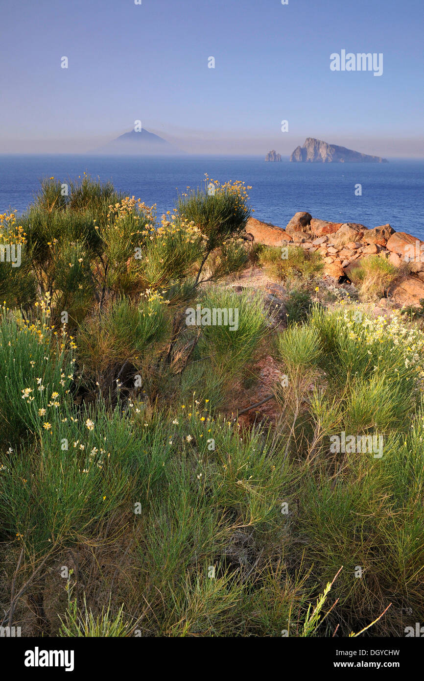 Vista de la isla volcánica de Stromboli, islas eolias o islas Lipari, Sicilia, Sur de Italia, Italia, Europa Foto de stock