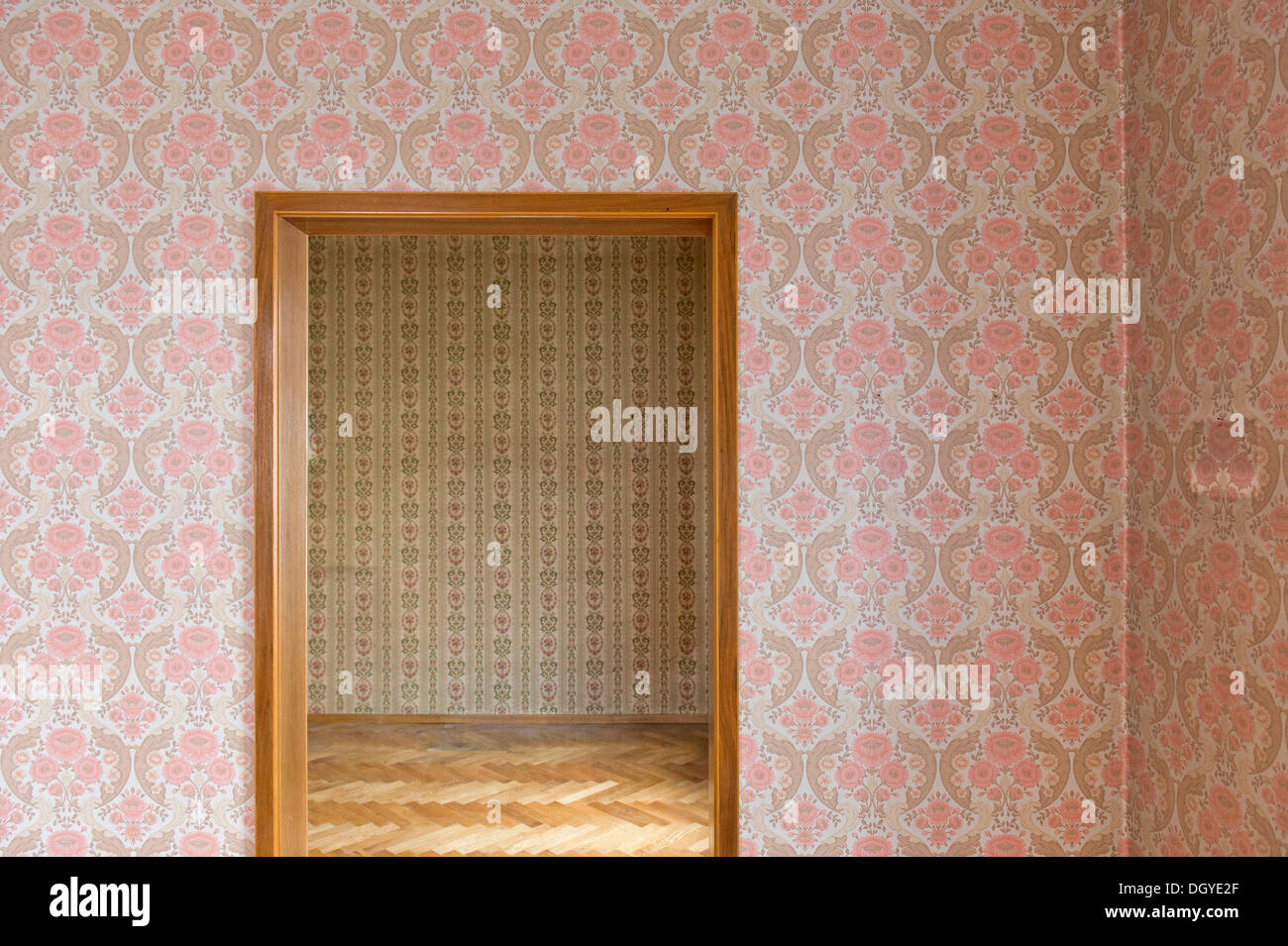 Habitación con papel tapiz antiguo, viejo papel tapiz desde los años sesenta, Stuttgart, Baden-Wurtemberg Foto de stock