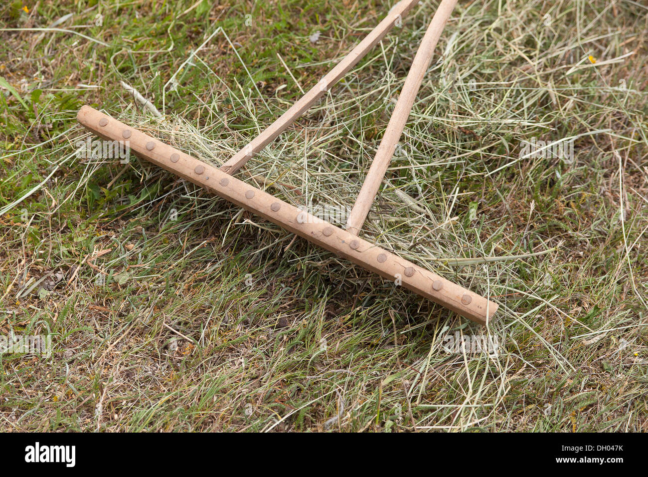 Rastrillo de madera durante la cosecha de heno en un campo, Sajonia  Fotografía de stock - Alamy