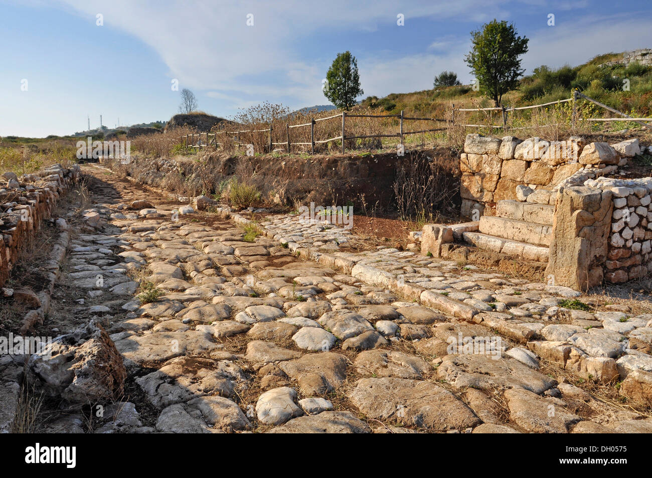 Calle adoquinada con pavimento y restos de una casa, un sitio arqueológico de la antigua ciudad romana de Norba, Siglo IV A.C. Foto de stock