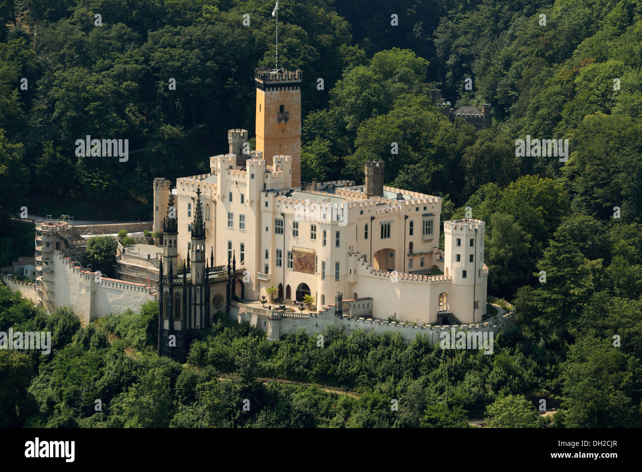Vista aérea, castillo Stolzenfels Schloss, Koblenz, Renania-Palatinado Foto de stock
