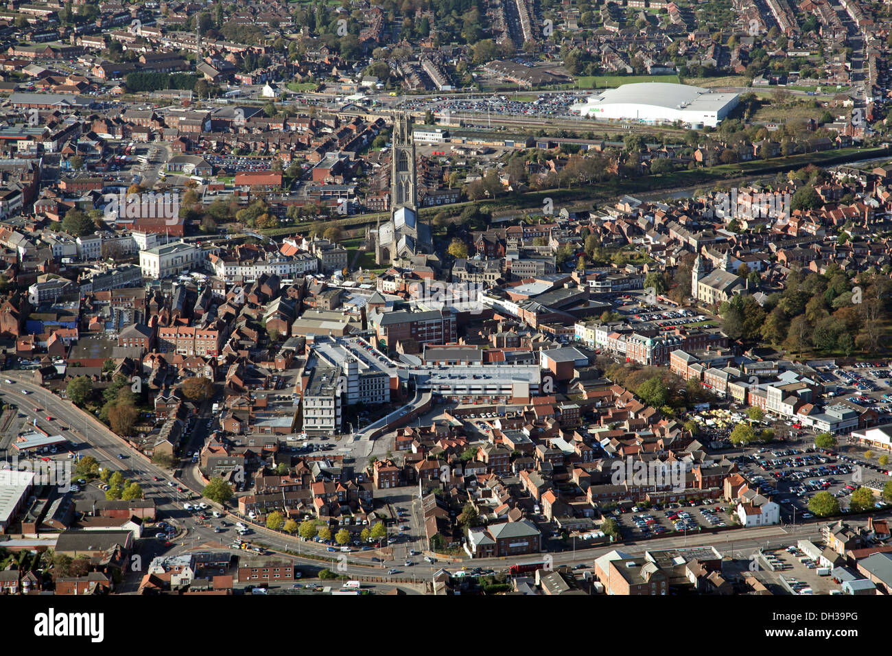 Vista aérea de Boston, Lincolnshire, incluyendo el famoso St Botolph's Church - La "Boston Stump' Foto de stock