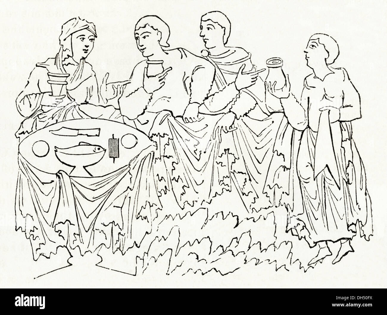Gran Bretaña anglosajona. La vida cotidiana los hombres bebiendo cerveza en la cena en Gran Bretaña anglosajona. Xilografía victoriano circa 1845. Foto de stock