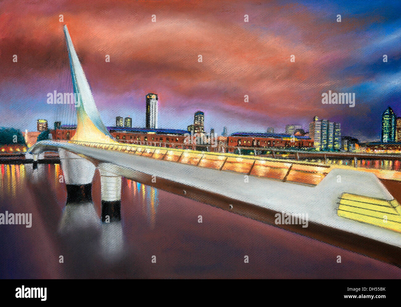 Pastel pintura de Bernardo galmarini: Puente de la mujer vista al atardecer naranja tormentoso, con la silueta de la ciudad en el fondo. Foto de stock