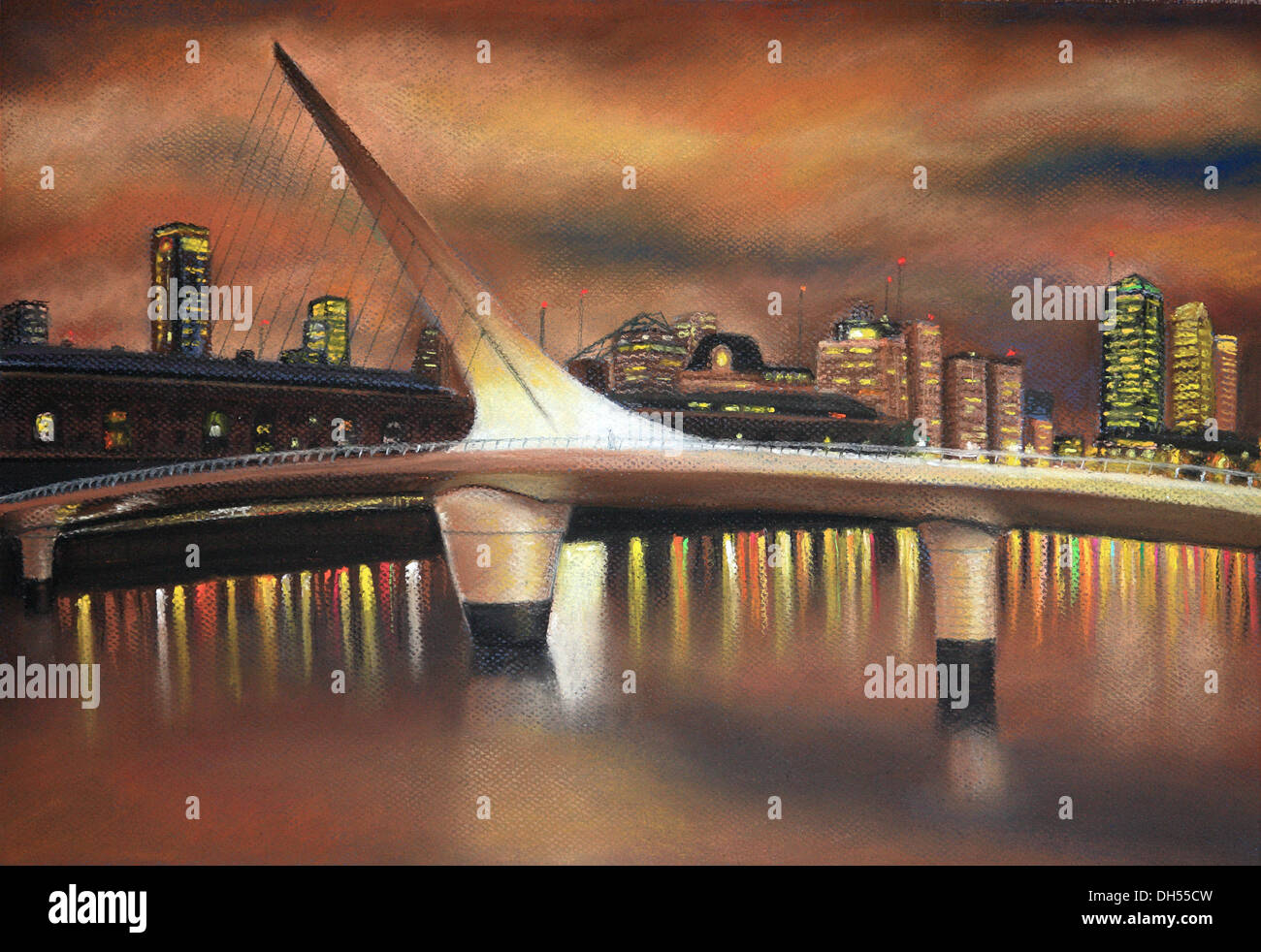 Pastel pintura de Bernardo galmarini: Puente de la mujer vista al atardecer naranja tormentoso, con la silueta de la ciudad en el fondo. Foto de stock
