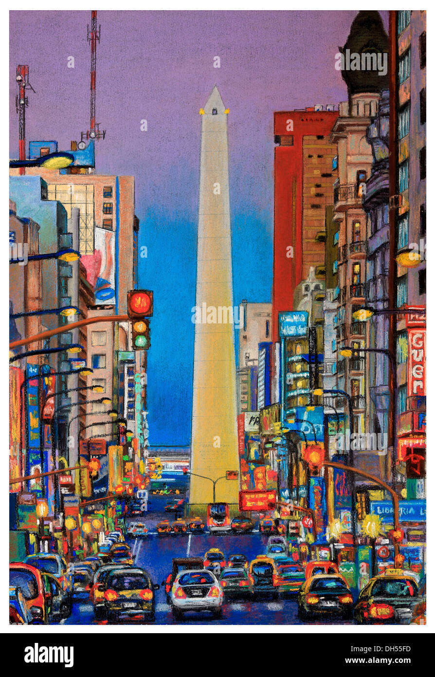 Pastel pintura de Bernardo galmarini: Avenida Corrientes, con el Obelisco Monumento y automóviles, por la noche. Buenos Aires, Argentina Foto de stock
