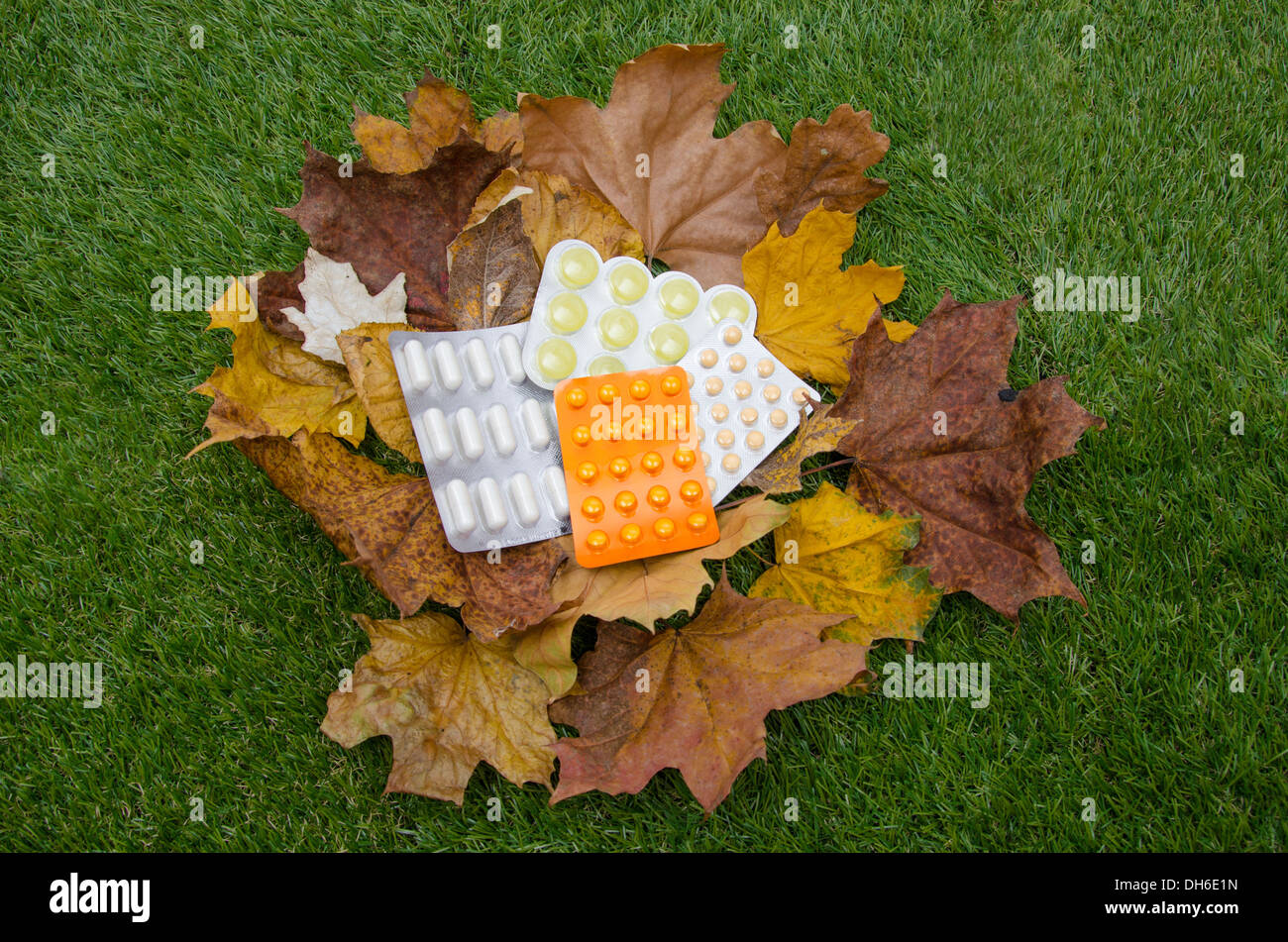 Los medicamentos en las hojas y la hierba Foto de stock