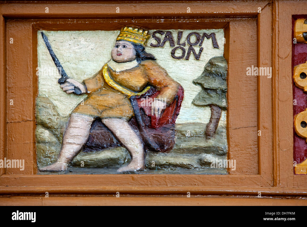 Jedidiah o Salomón, rey de Israel, 10th-century BC, antigua Escuela de latín, tallas de madera, Alfeld, Alemania Foto de stock