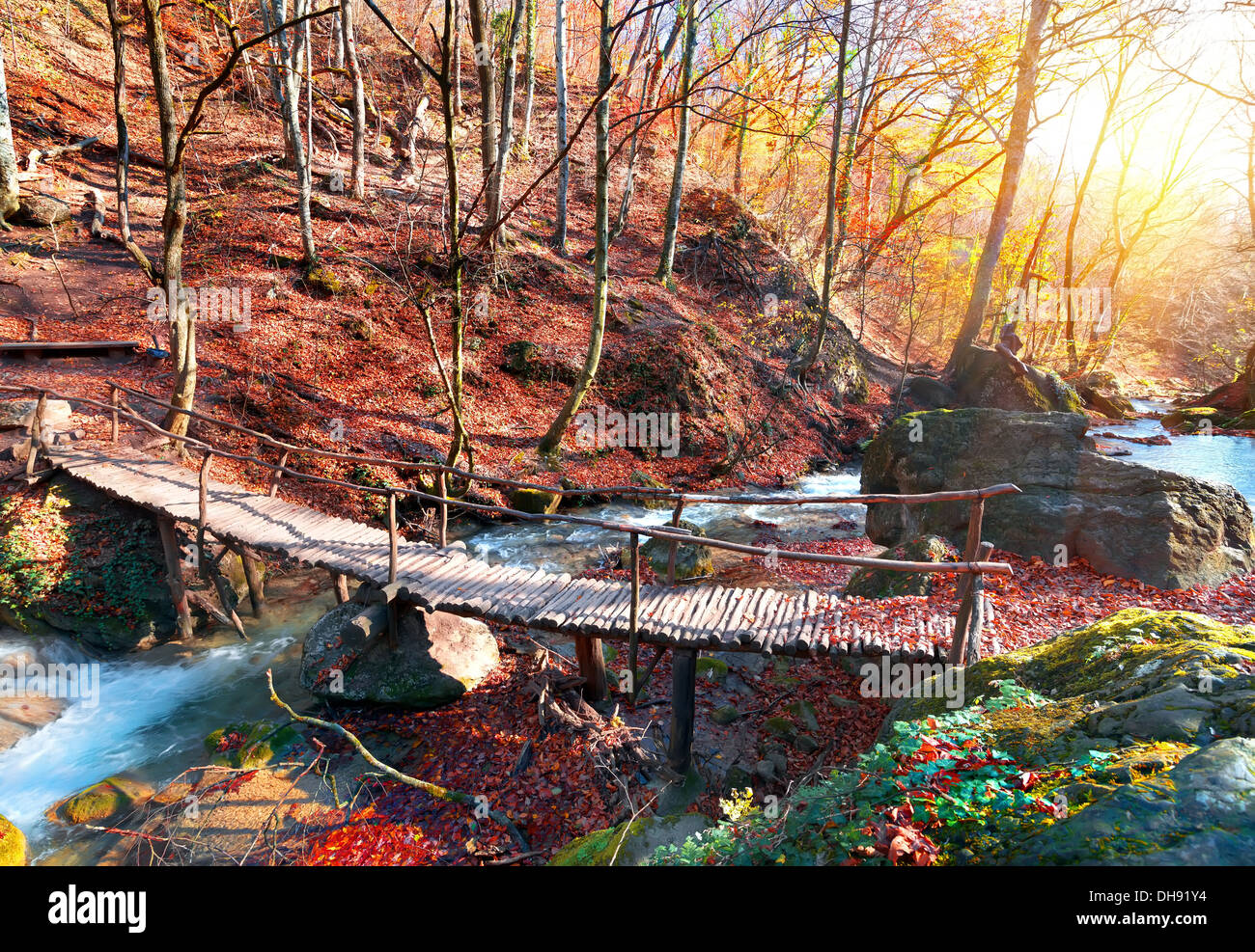 Puente de madera en el bosque de montaña en otoño Foto de stock