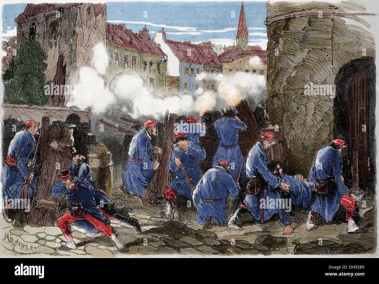 Guerra Franco-Prusiana. 1870-1871. La defensa de París. El 19 de enero. El 13 Batallón de la Guardia Nacional en la barricada. Foto de stock