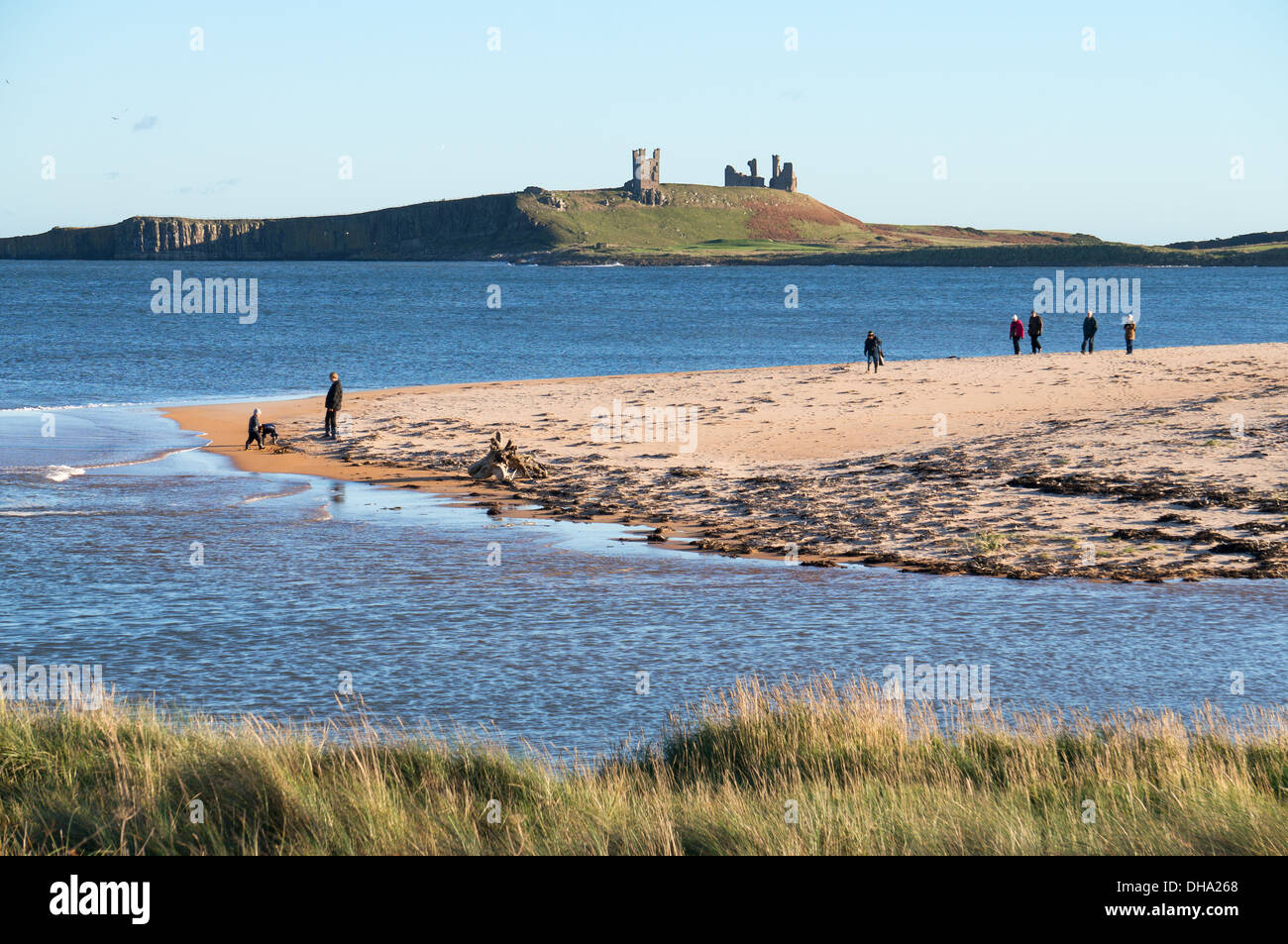 Familia caminando costa del mar del Norte y el castillo de Dunstanburgh, Northumberland, Inglaterra, Reino Unido. Foto de stock