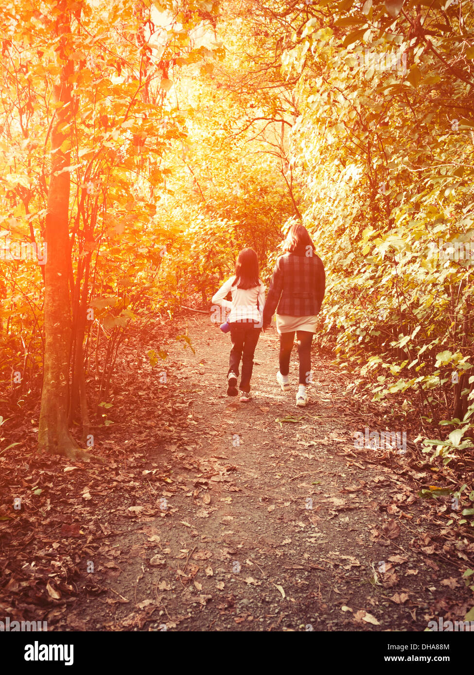 Madre e hija caminando en el bosque Foto de stock
