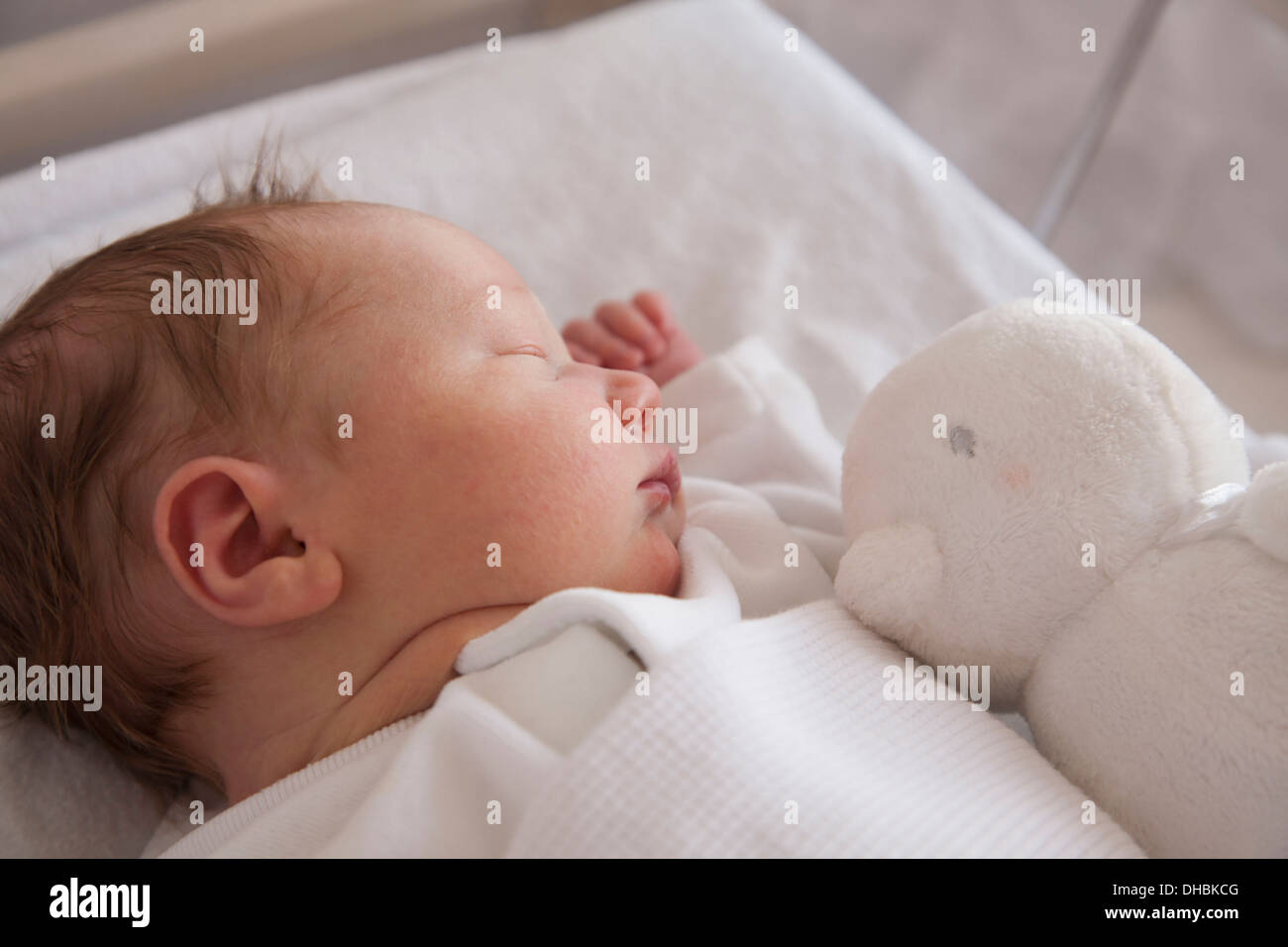 Un bebé recién nacido acostado sobre la espalda, durmiendo. Un juguete en su cuna. Foto de stock