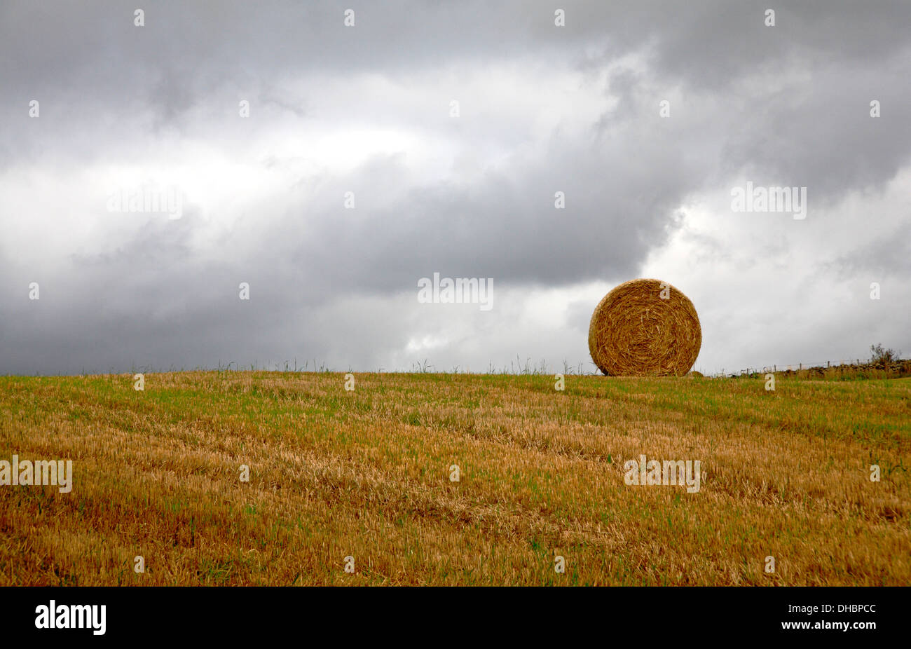 Un solo fardo de paja en un campo línea de horizonte en Aberdeenshire, Escocia, Reino Unido. Foto de stock