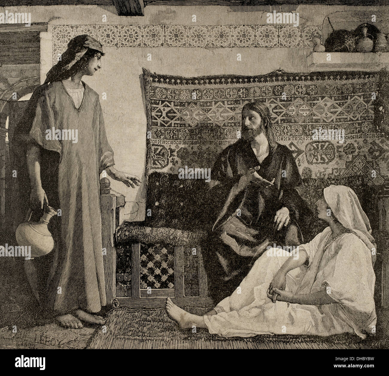 Nuevo Testamento. Jesús en la casa de Marta y María. Grabado por París. La ilustración Ibérica