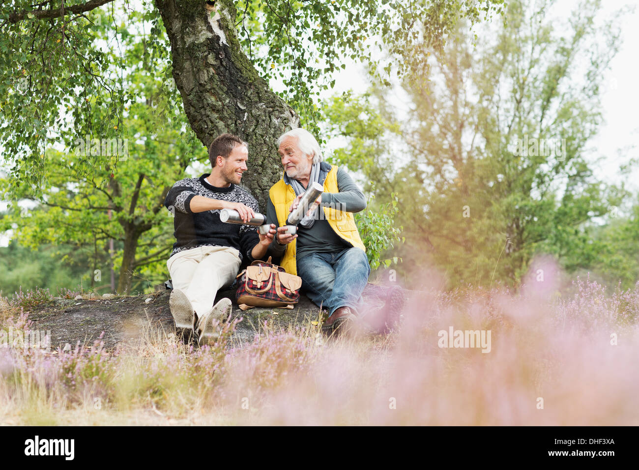 Padre e hijo adulto bebiendo café del matraz Foto de stock