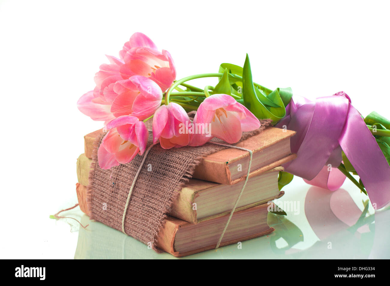 Rosa tulipanes en libros antiguos Foto de stock