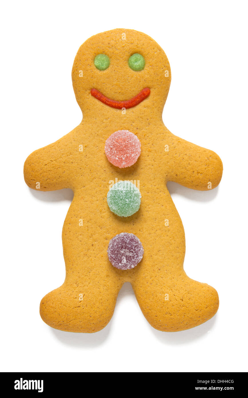 Gingerbread Man con gum drop botones aislado sobre un fondo blanco. Foto de stock
