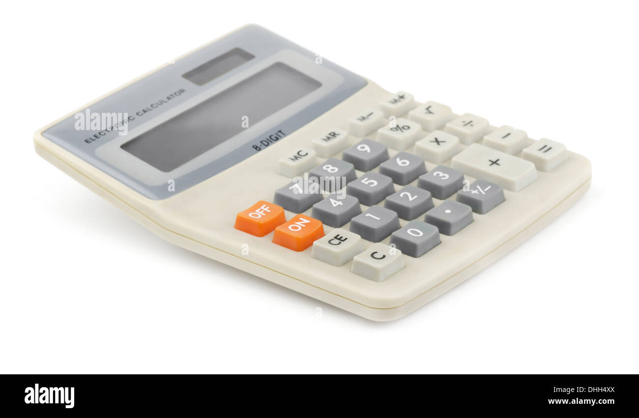 Calculadora de escritorio aislado en blanco Foto de stock