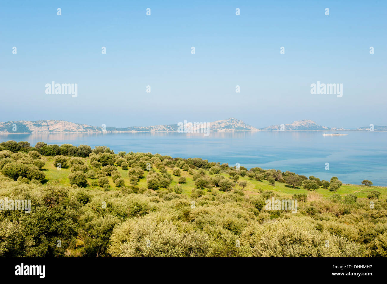 Costa Navarino, vista sobre la bahía en Pylos en la isla de Sfaktiria, Peloponeso, Grecia, Europa Foto de stock