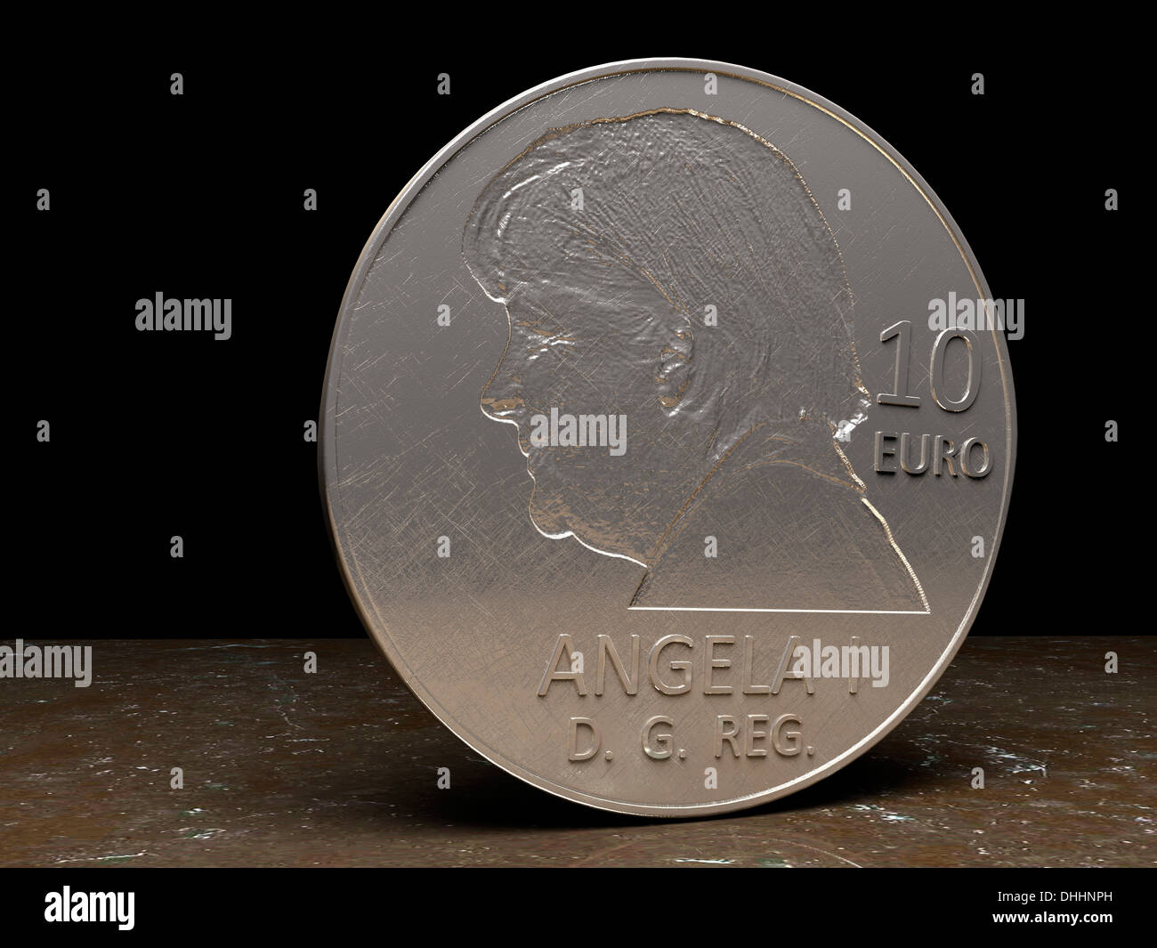 10 monedas de euro representando a Angela Merkel, canciller de Alemania Foto de stock