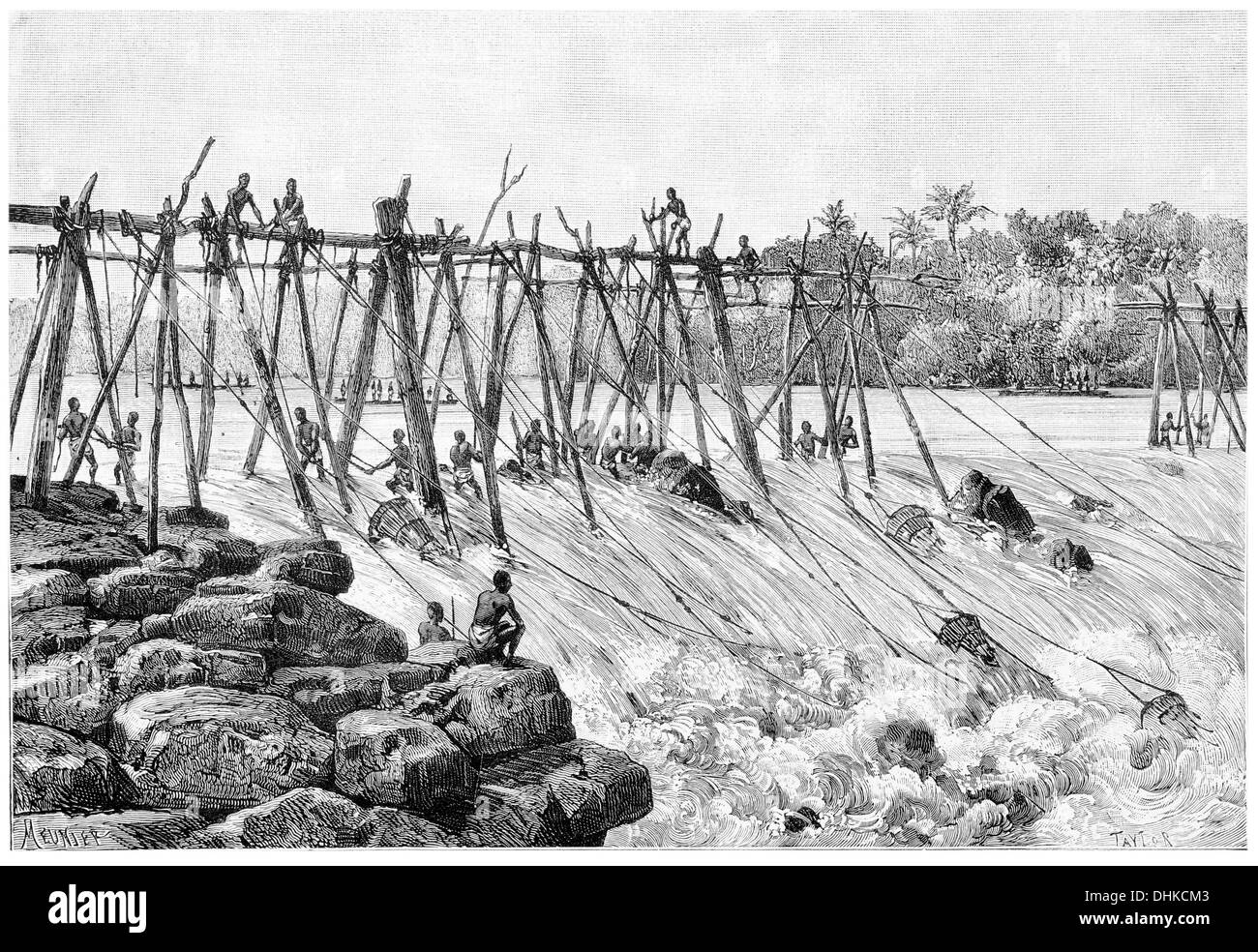 1888 Stanley cae la pesca la séptima catarata Lualaba. Cerca de Kisangani, Congo Cataratas Boyoma Foto de stock
