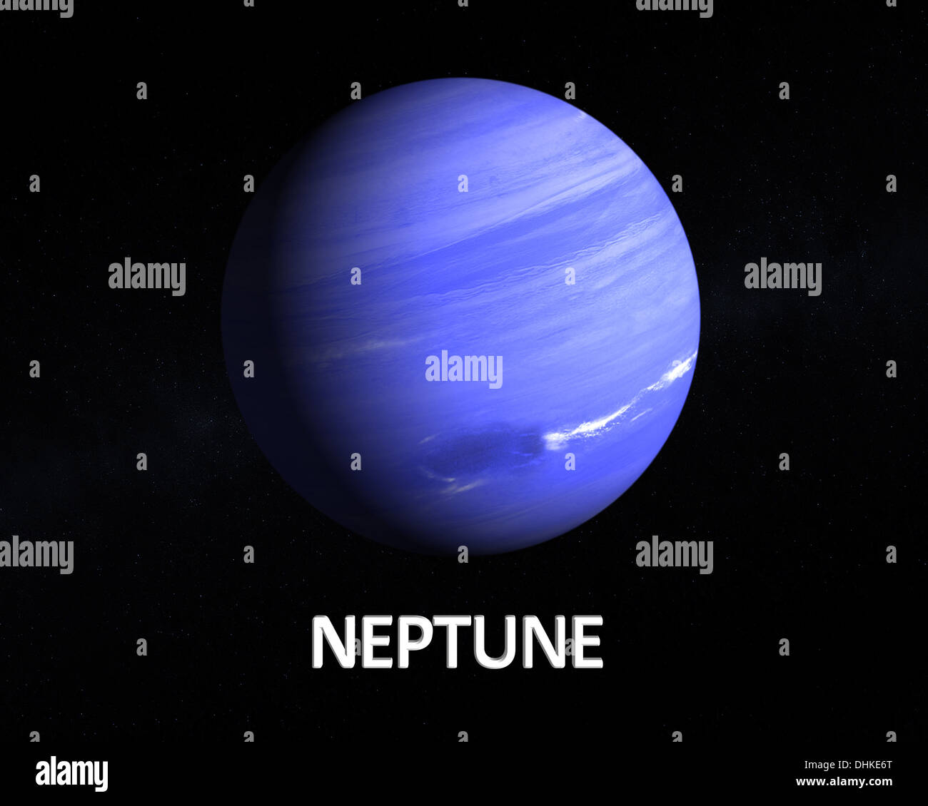 Una representación del Gas Planeta Neptuno sobre un fondo estrellado con subtítulos en inglés. Foto de stock