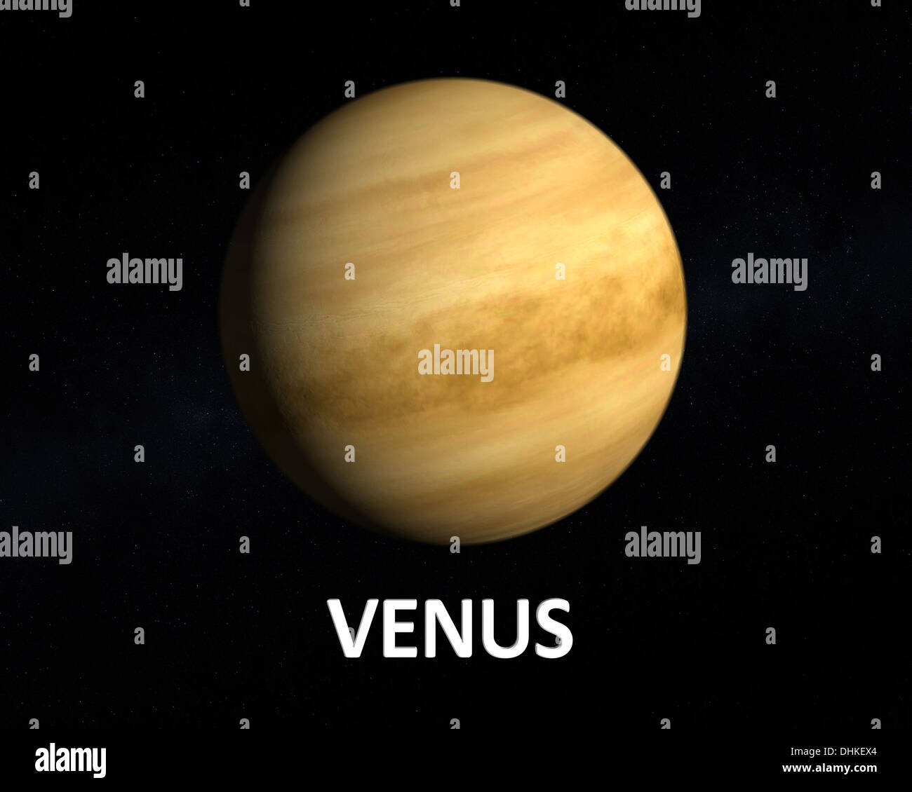 Una representación del Planeta Venus sobre un fondo estrellado con subtítulos en inglés. Foto de stock