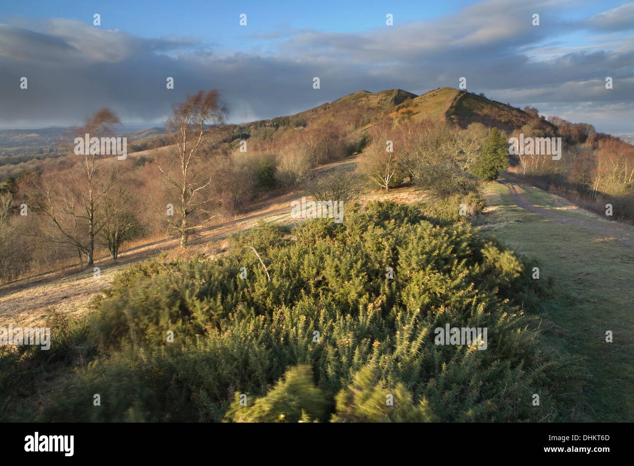 Fotografía tomada desde el negro de bracken colina, mirando hacia el norte a lo largo de la Malvern Hills al atardecer Foto de stock
