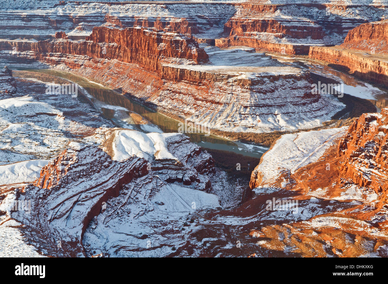 Una mesa de cuello de cisne refleja parcialmente congelada en el Río Colorado, visto de Dead Horse Point vistas en Utah. Foto de stock