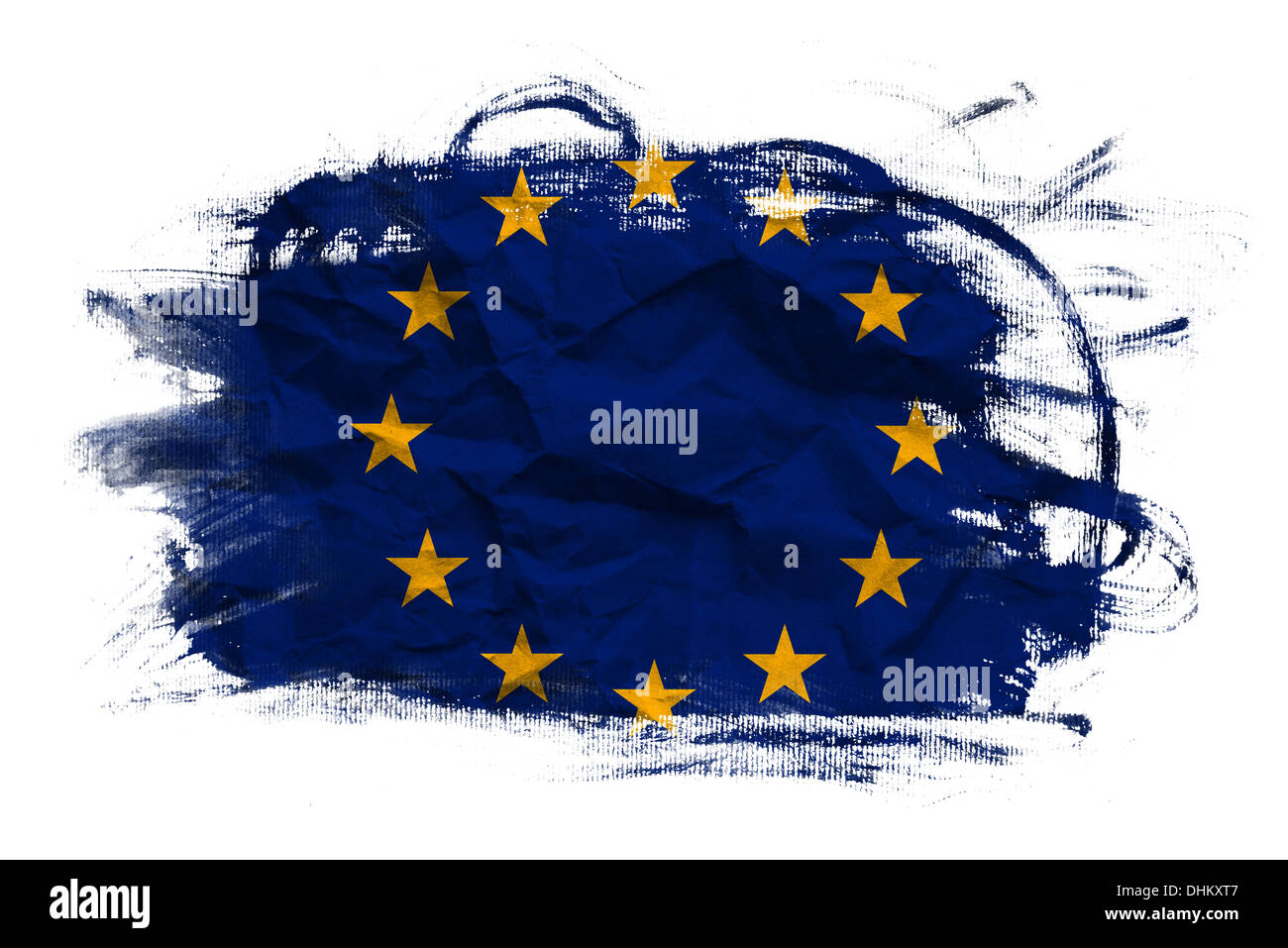 La bandera de la Unión Europea sobre la textura de papel arrugado. Antiguo fondo de papel reciclado. Foto de stock