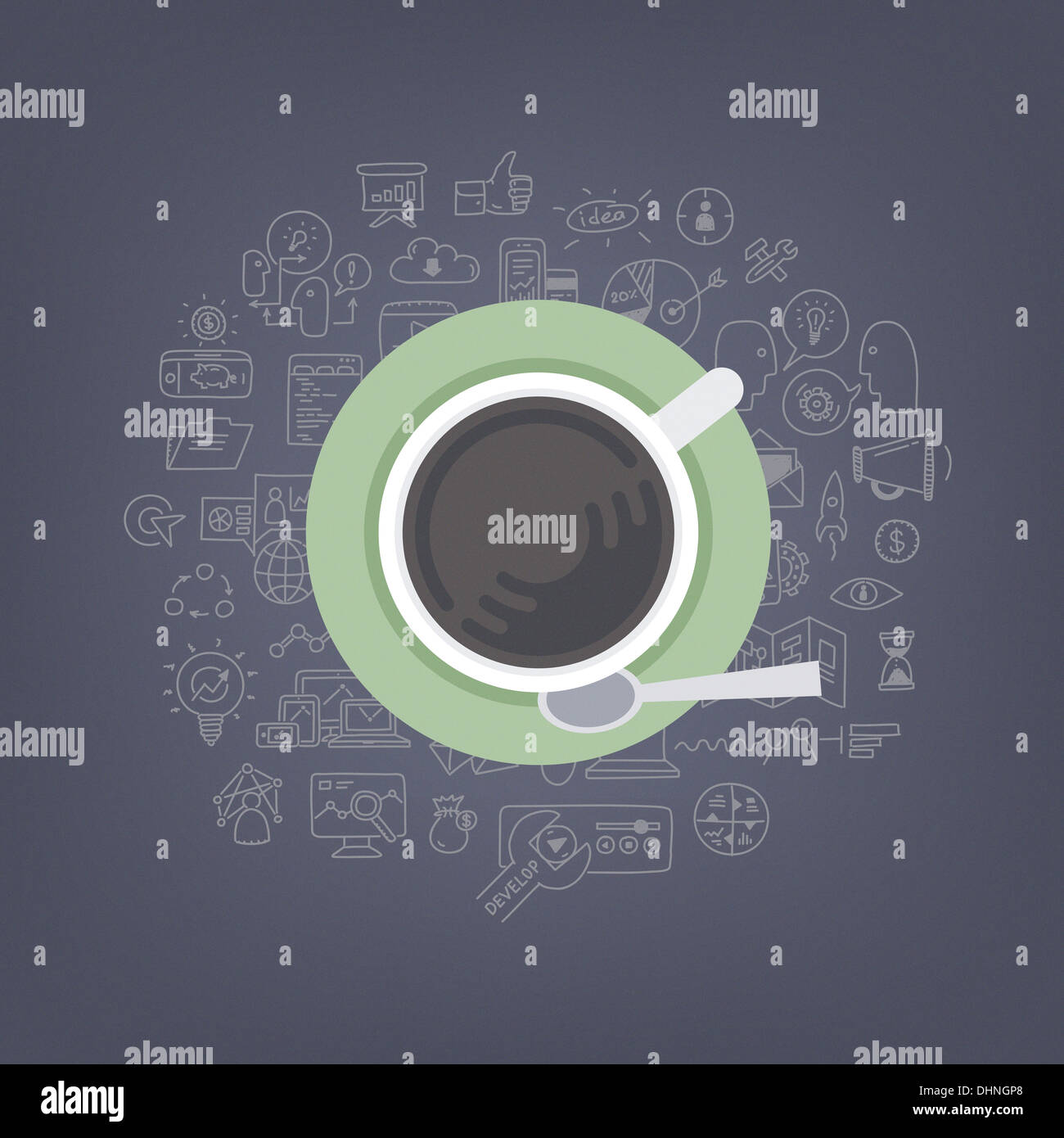 Ilustración moderno concepto de reflexión, intercambio de ideas y el desarrollo de ideas empresariales y de marketing, mientras que el consumo de café Foto de stock