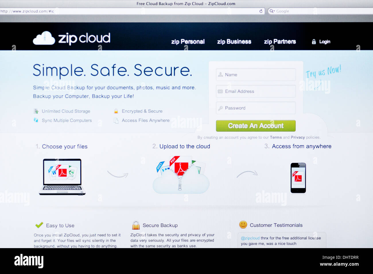Nube de Zip. Sitio web de copia de seguridad en la pantalla de ordenador Foto de stock
