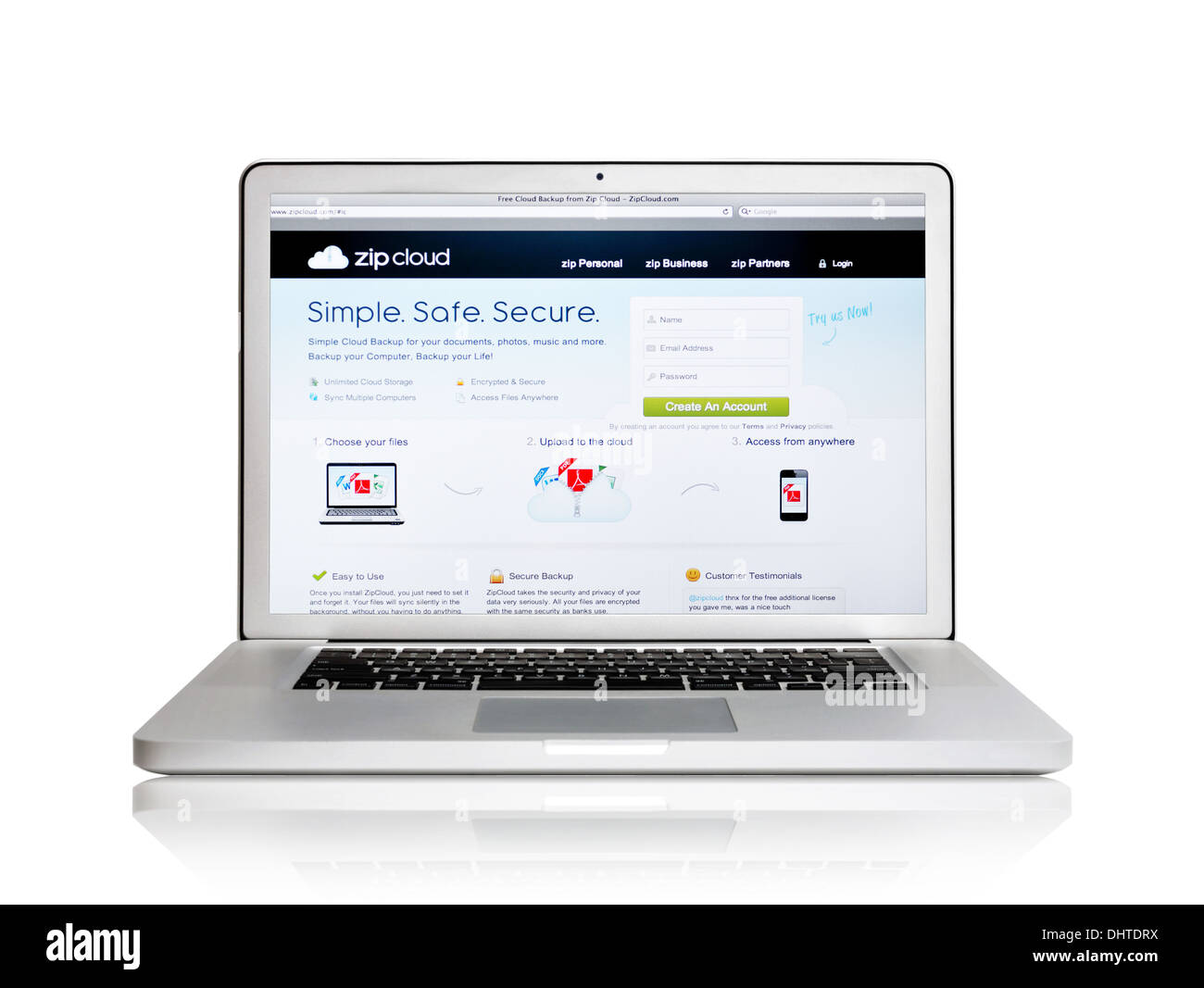 Nube de Zip. Sitio web de copia de seguridad en la pantalla de un ordenador portátil Foto de stock