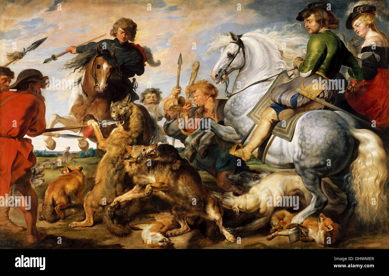 Wolf y Fox Hunt - por Peter Paul Rubens, 1616 Foto de stock