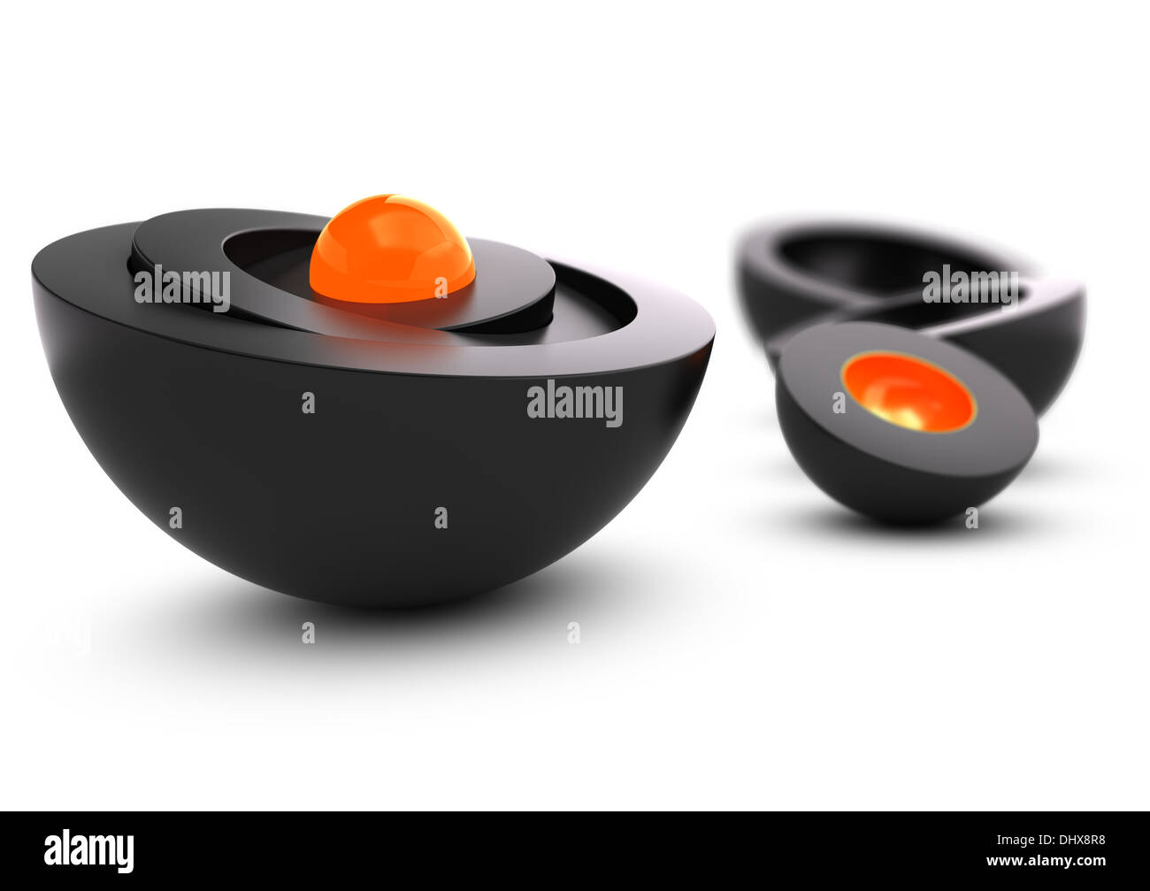 Anidar las esferas con un núcleo de color naranja y negro, shell, símbolo de la unicidad. 3D Render sobre fondo blanco. Foto de stock