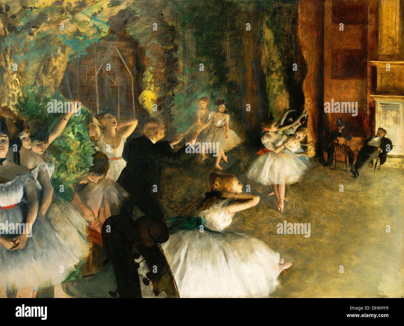 El ensayo del ballet en el escenario - por Edgar Degas, 1874 Foto de stock