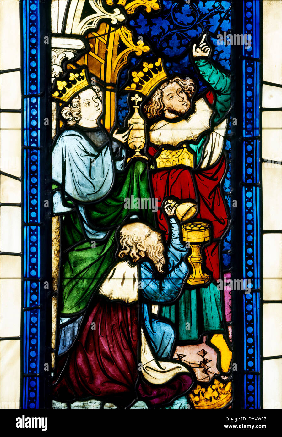 La adoración de los magos de siete escenas de la vida de Cristo, 1390, vidrieras, Austria Foto de stock